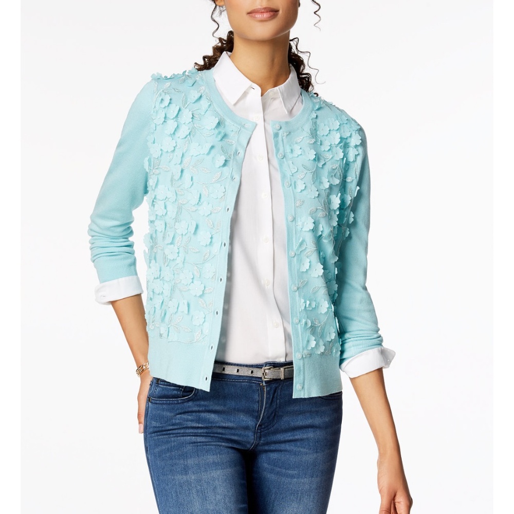 Charter Club Blue Chiffon 3D Floral Embellished Crew Neck Cardigan